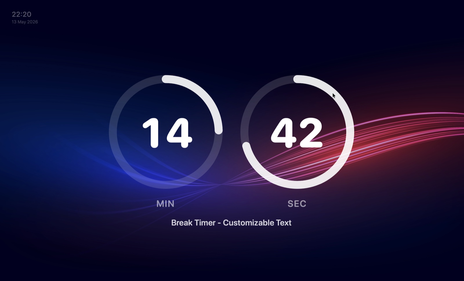 Full-screen break timer with minutes and seconds rings