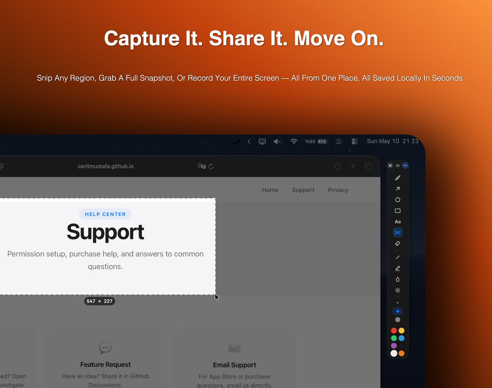 Snipping a region of the screen to save or share it