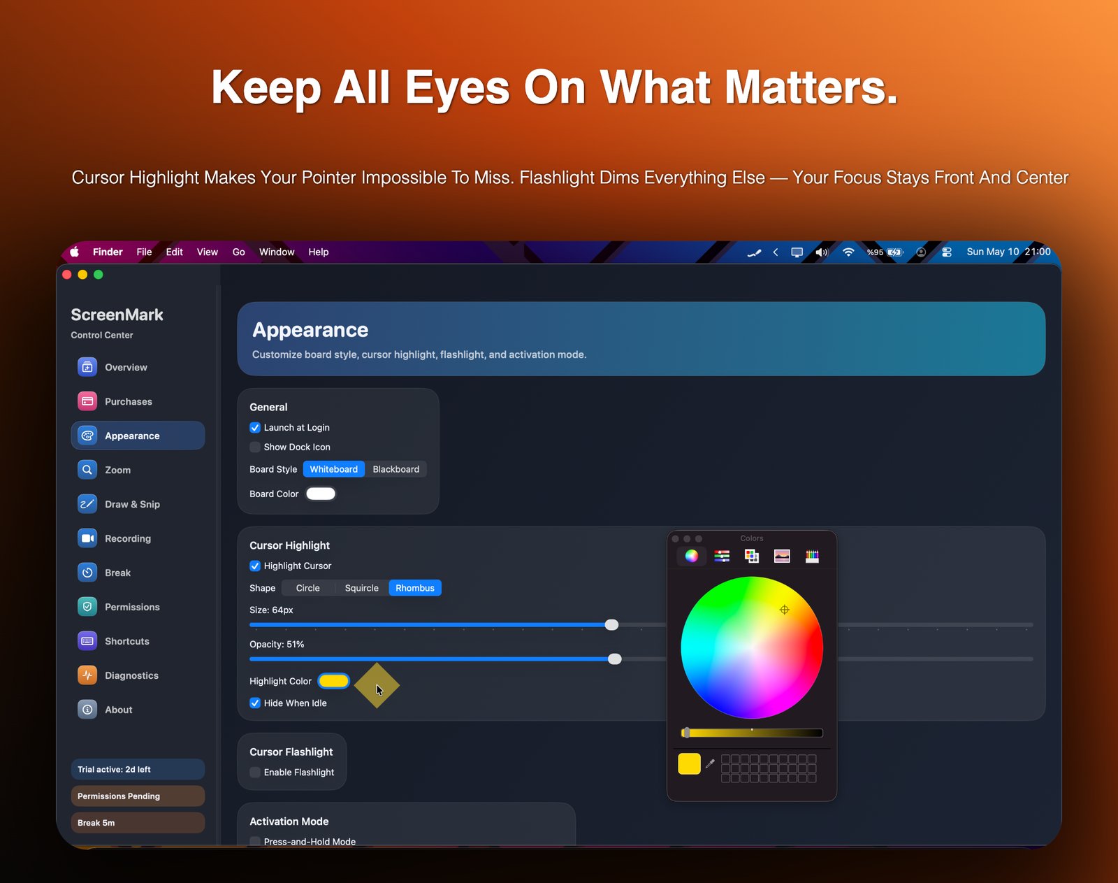 Cursor highlight appearance settings with colour and shape options
