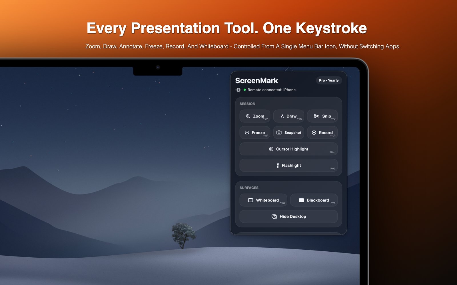 ScreenMark menu bar control panel open over a macOS desktop