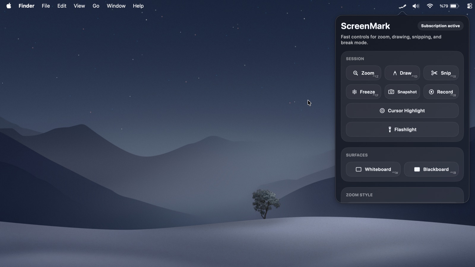 ScreenMark menu bar control panel open over a macOS desktop