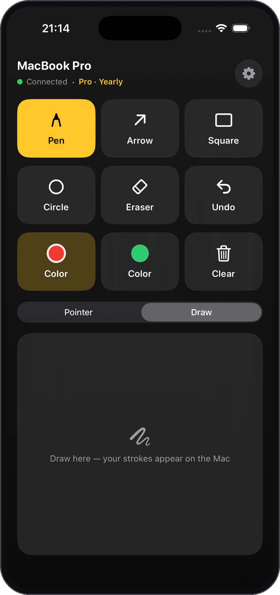 ScreenMark Remote on an iPhone in draw mode, with pen, shapes, colors, and a drawing pad