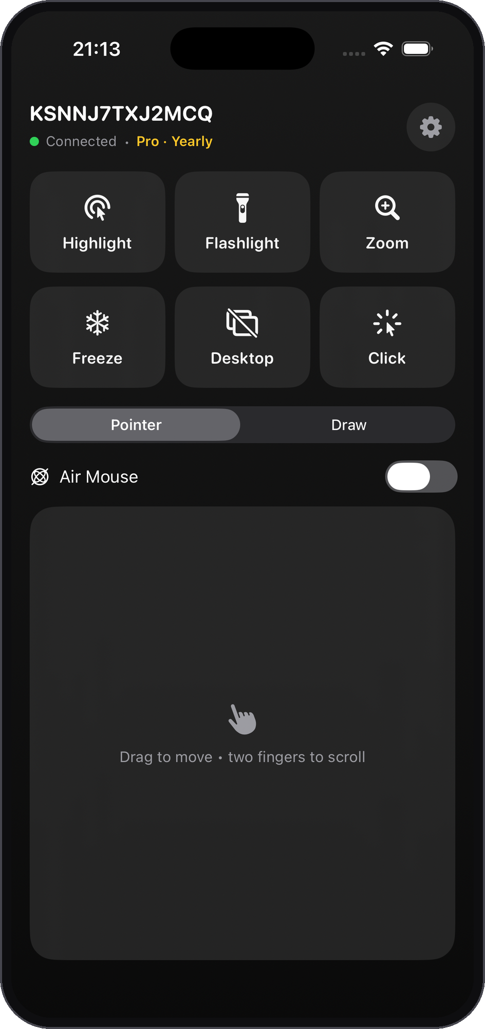 ScreenMark Remote on an iPhone in pointer mode, with highlight, flashlight, zoom, and click controls