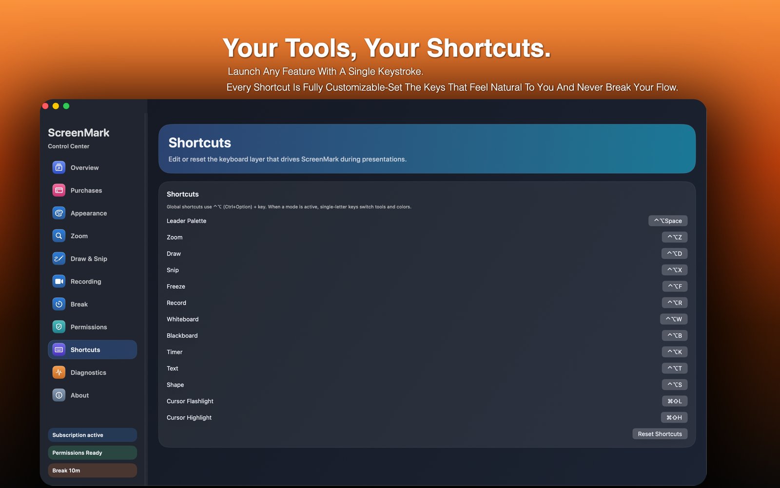 Keyboard shortcut settings with every tool individually assignable