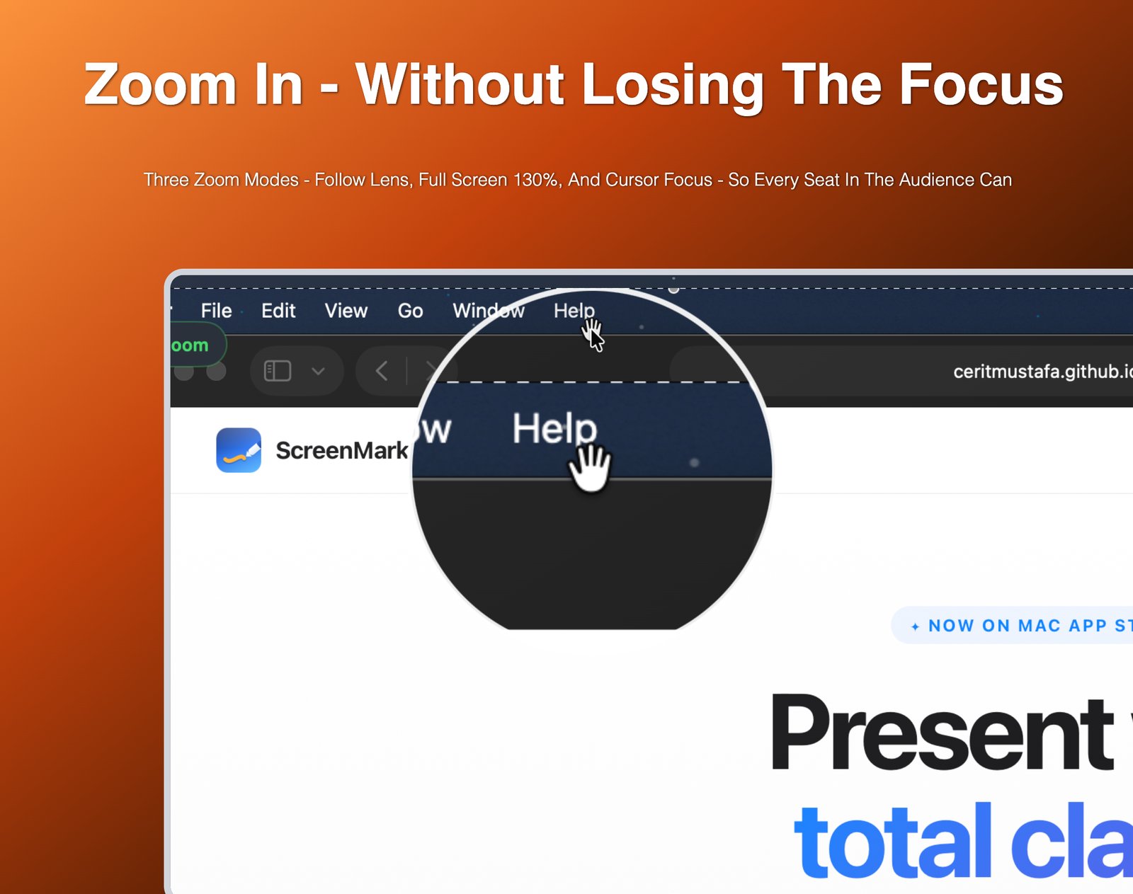 Follow-lens zoom magnifying a menu while the cursor moves